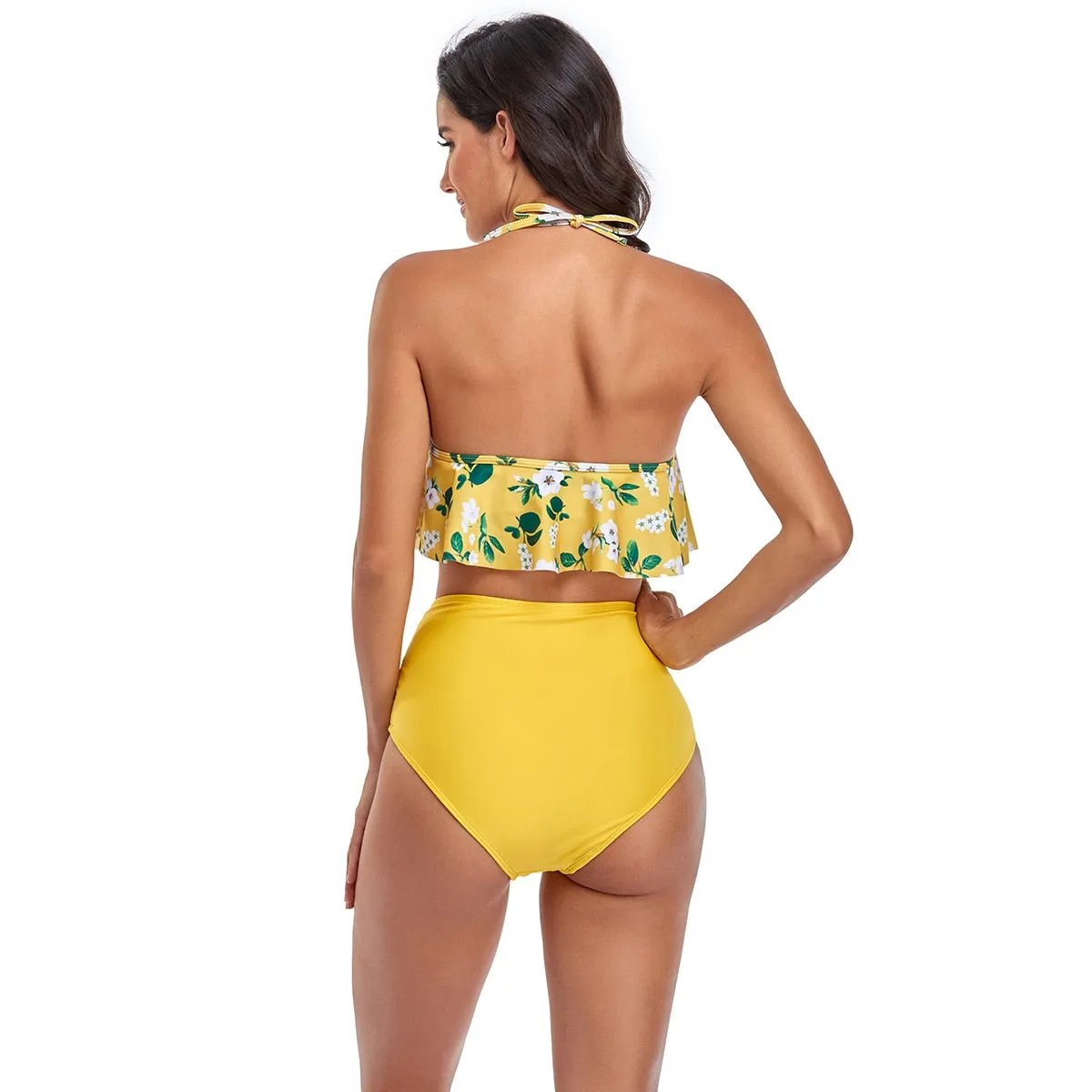 2 Piece Retro High Waist Two Piece Halter Swimsuit Ruffles Flounce Bathing Suit Brazilian Bikinis Set