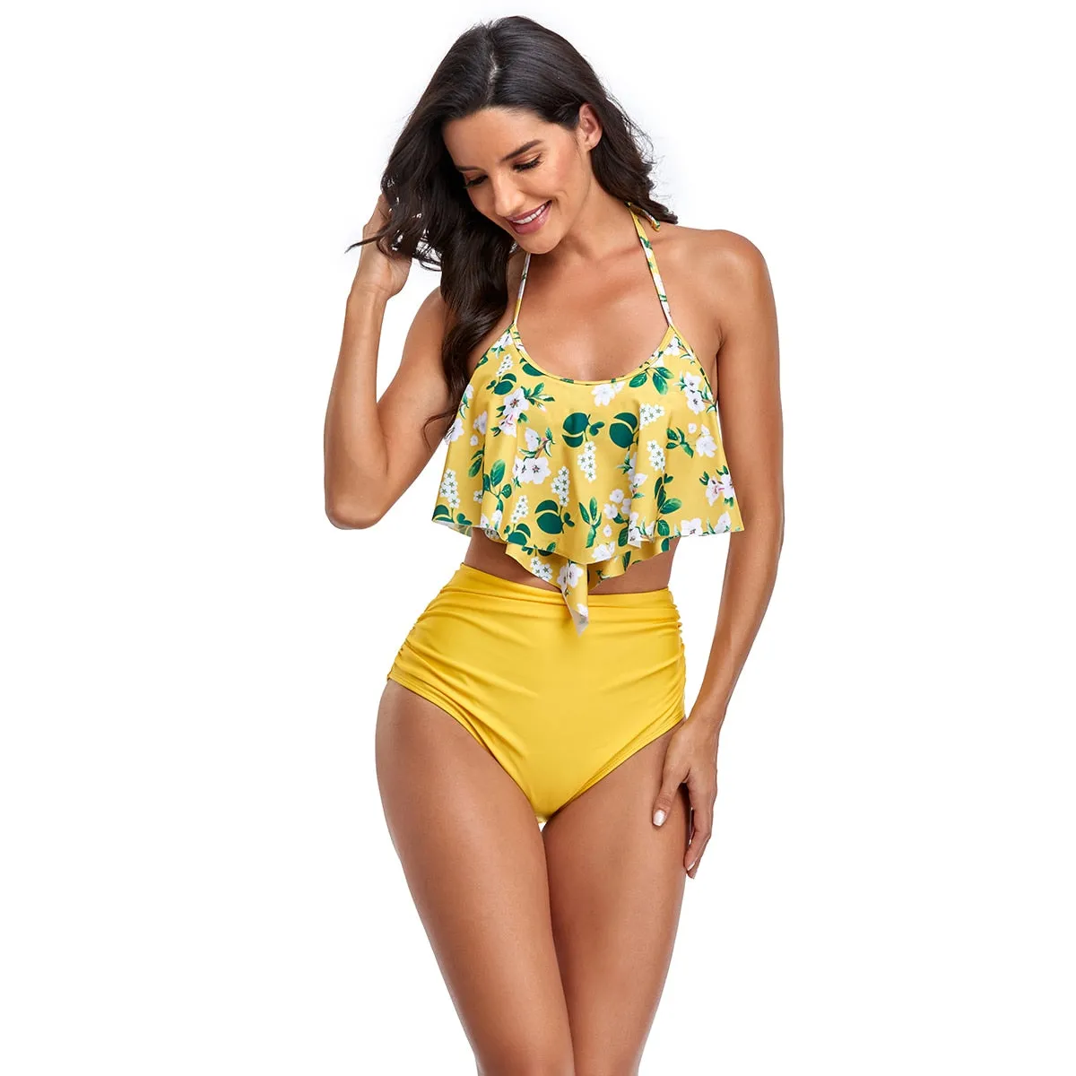 2 Piece Retro High Waist Two Piece Halter Swimsuit Ruffles Flounce Bathing Suit Brazilian Bikinis Set