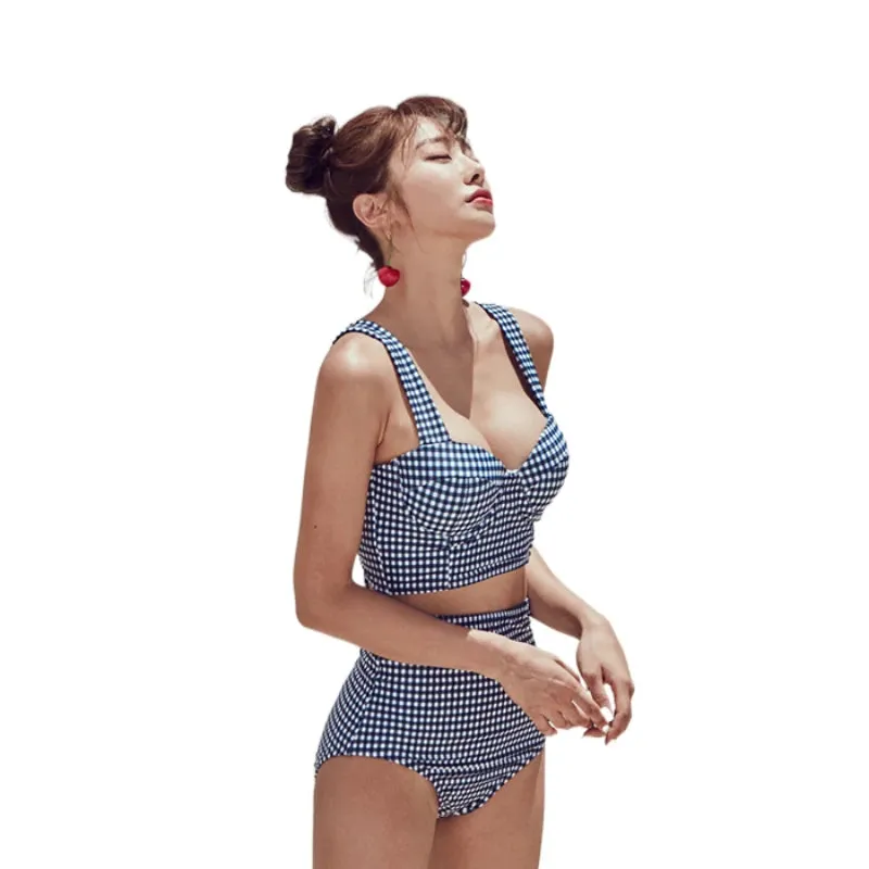 2023 Korean Vintage Plaid Feminine Bikinis Set Lace Up Bow Tie Sexy Clothing Lingerie High Waist Split Swimwear Women Swimsuit