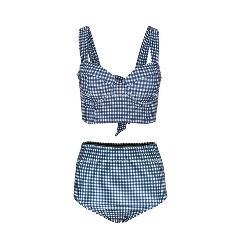 2023 Korean Vintage Plaid Feminine Bikinis Set Lace Up Bow Tie Sexy Clothing Lingerie High Waist Split Swimwear Women Swimsuit