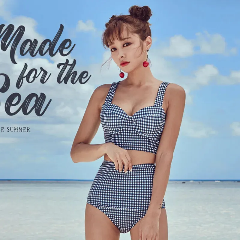 2023 Korean Vintage Plaid Feminine Bikinis Set Lace Up Bow Tie Sexy Clothing Lingerie High Waist Split Swimwear Women Swimsuit