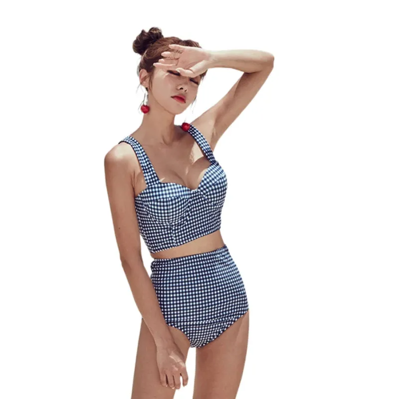 2023 Korean Vintage Plaid Feminine Bikinis Set Lace Up Bow Tie Sexy Clothing Lingerie High Waist Split Swimwear Women Swimsuit