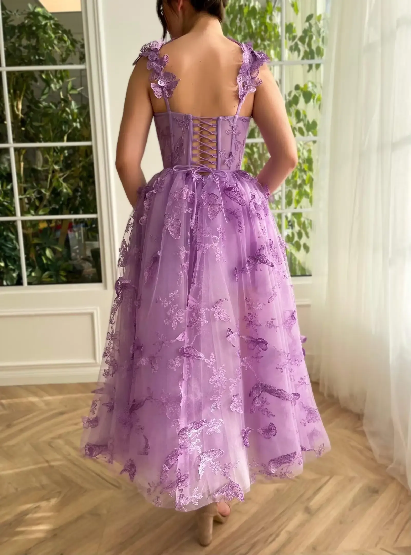 2024 Women's Tulle Prom Dresses 3D Butterfly Spaghetti Straps with Slit Tea Length Homecoming Dress Graduation School Party Gown