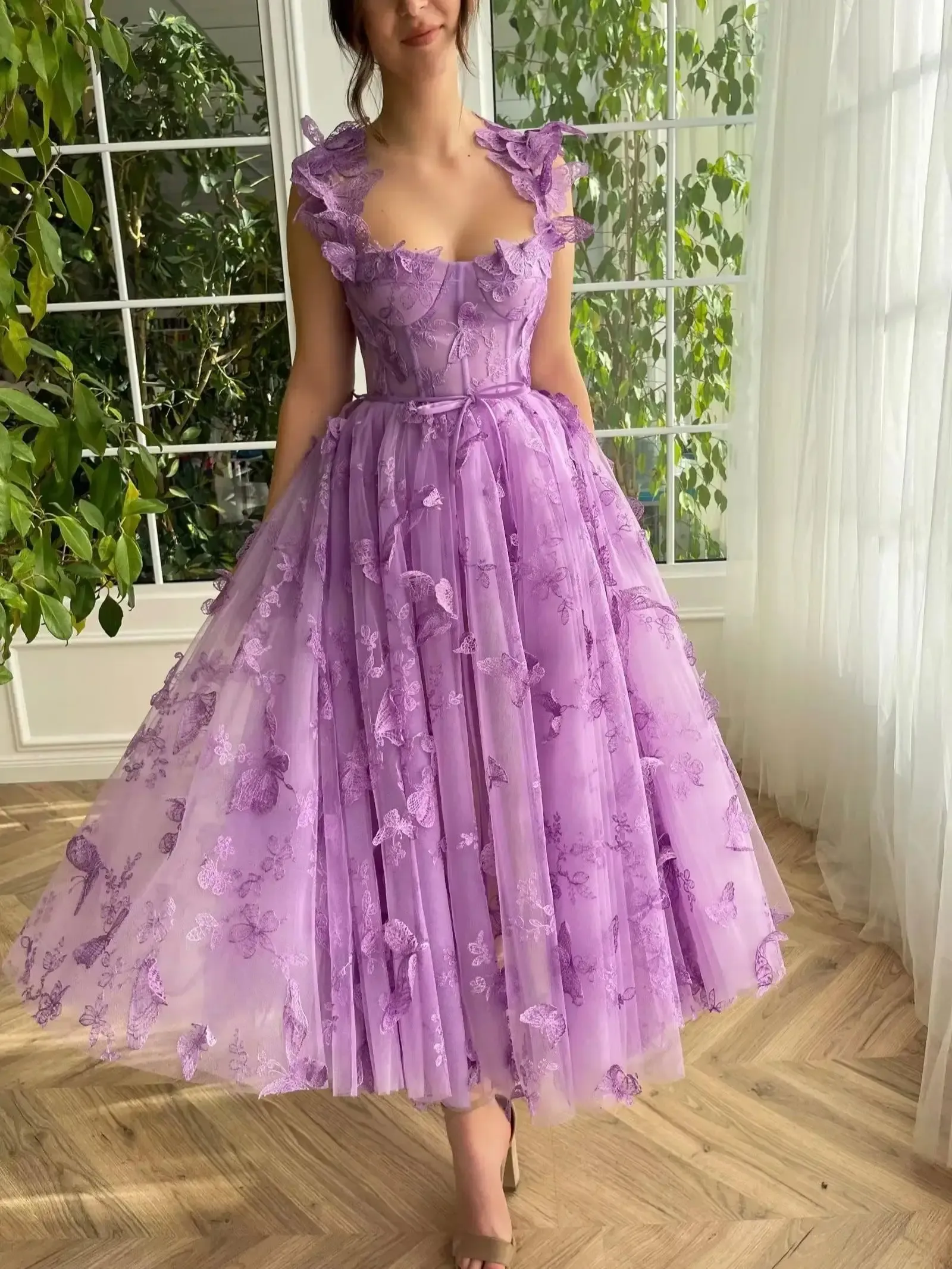 2024 Women's Tulle Prom Dresses 3D Butterfly Spaghetti Straps with Slit Tea Length Homecoming Dress Graduation School Party Gown