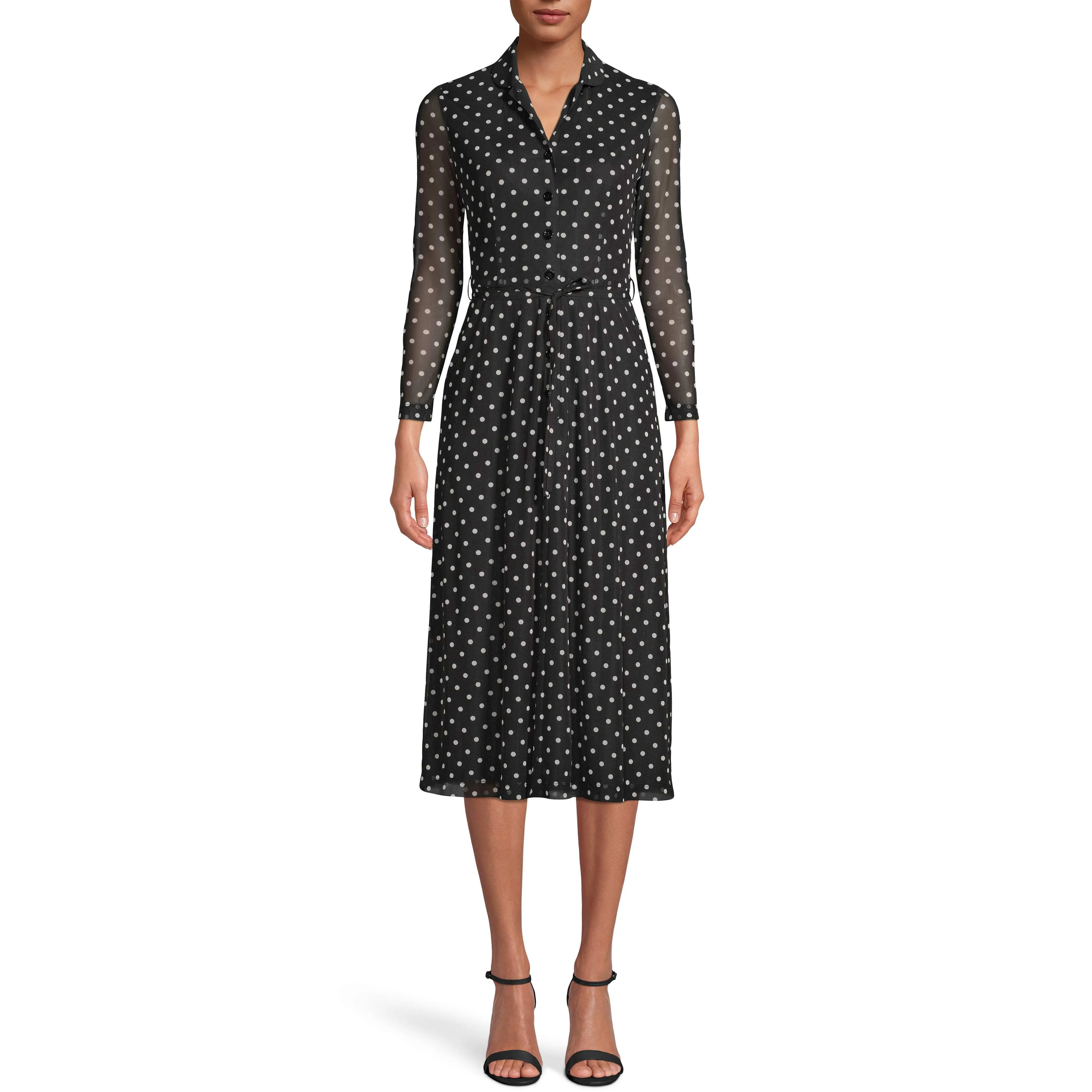 Anne Klein Polka Dot Long Sleeve Shirtdress, Size 14