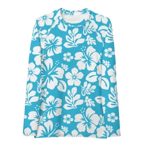 Aqua Blue and White Hawaiian Flowers Women's Rash Guard