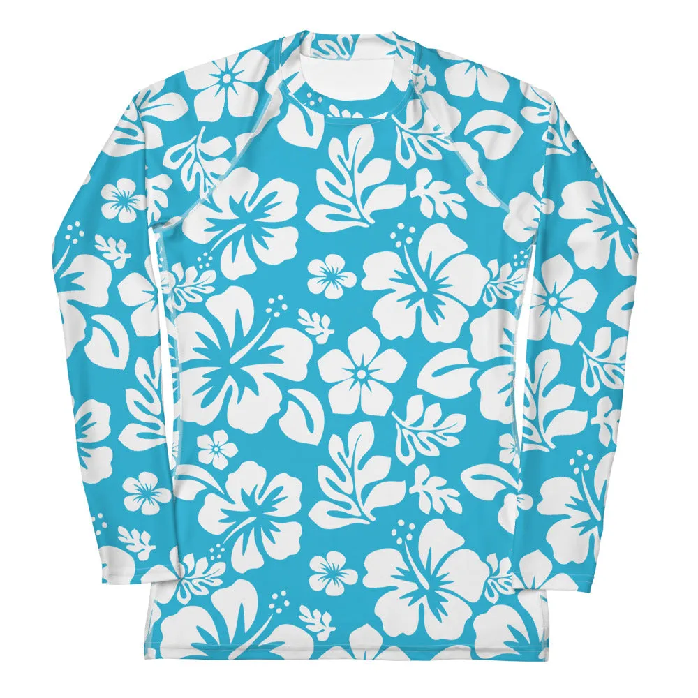 Aqua Blue and White Hawaiian Flowers Women's Rash Guard