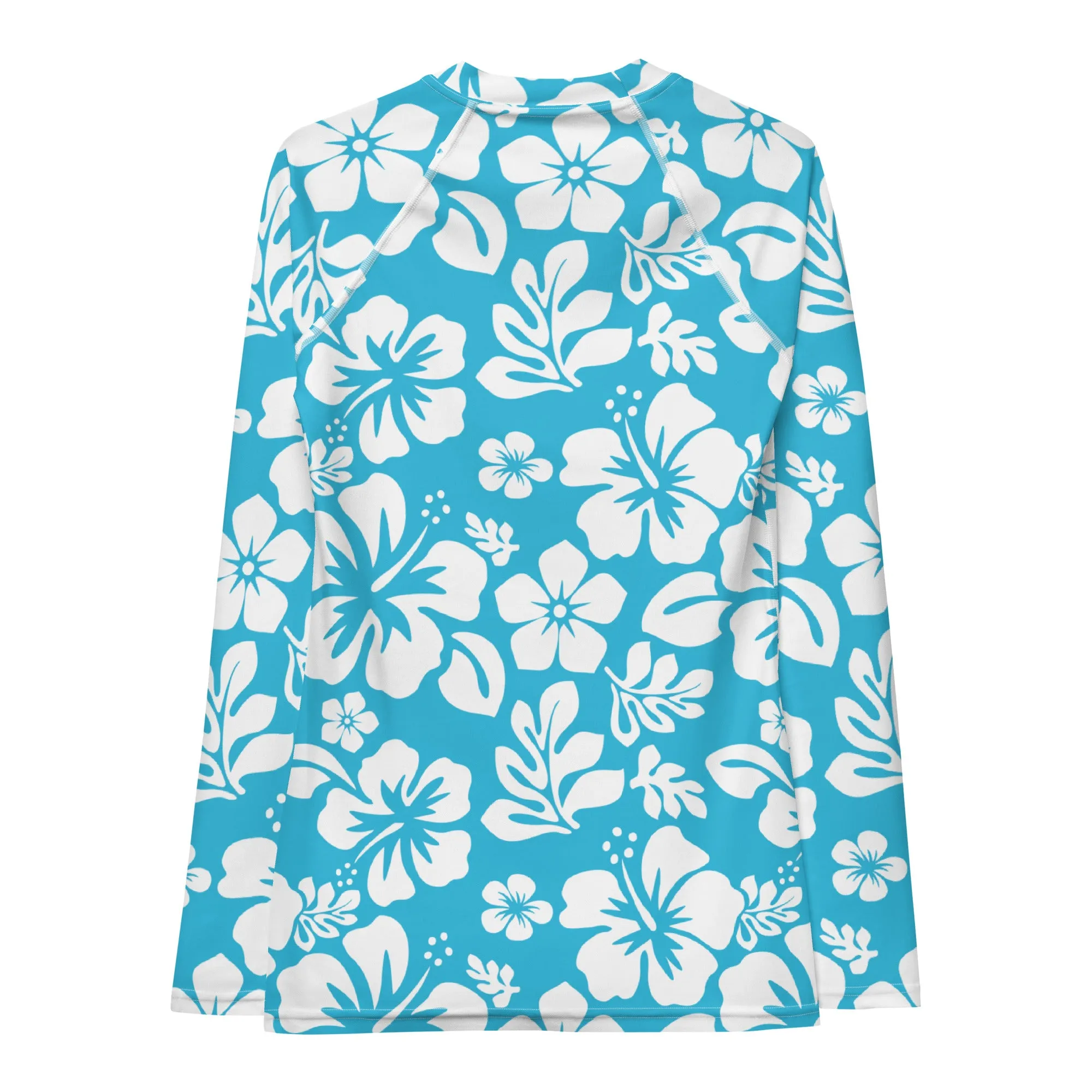 Aqua Blue and White Hawaiian Flowers Women's Rash Guard