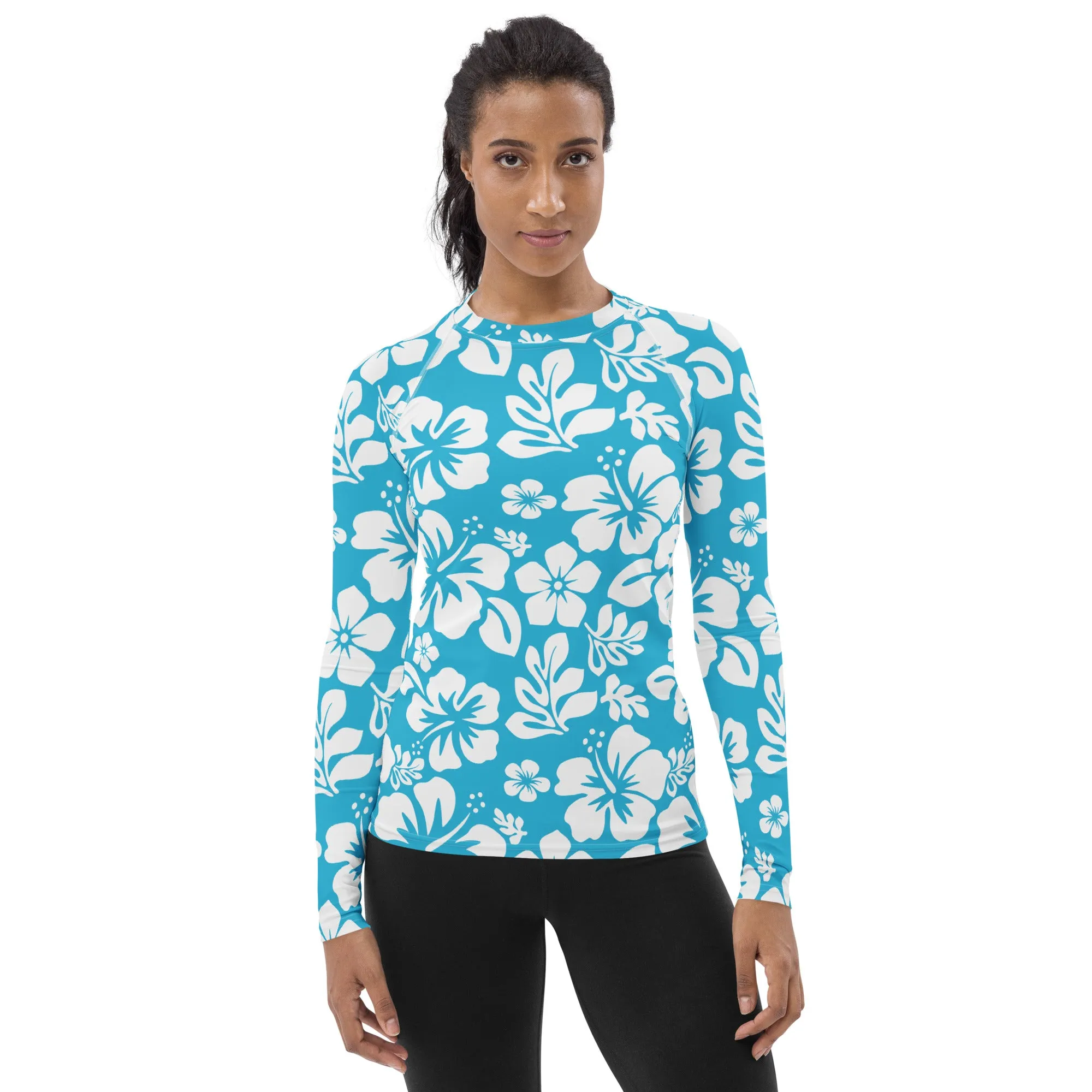 Aqua Blue and White Hawaiian Flowers Women's Rash Guard