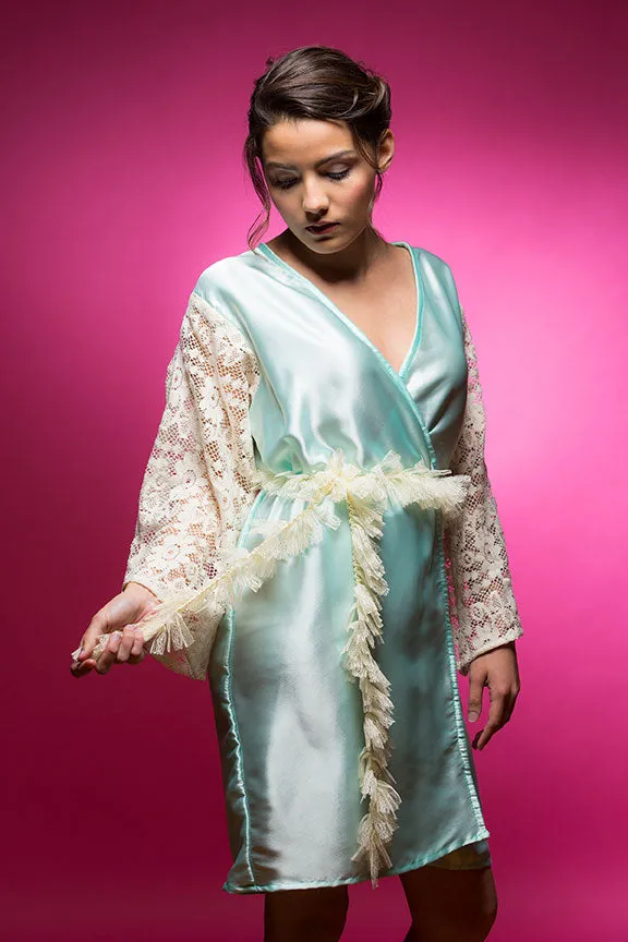 Aqua Blue Satin Robe with Ivory Lace Sleeves