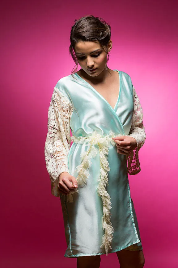 Aqua Blue Satin Robe with Ivory Lace Sleeves