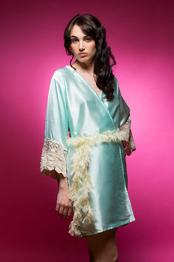 Aqua Blue Satin Robe with Ivory Lace Sleeves