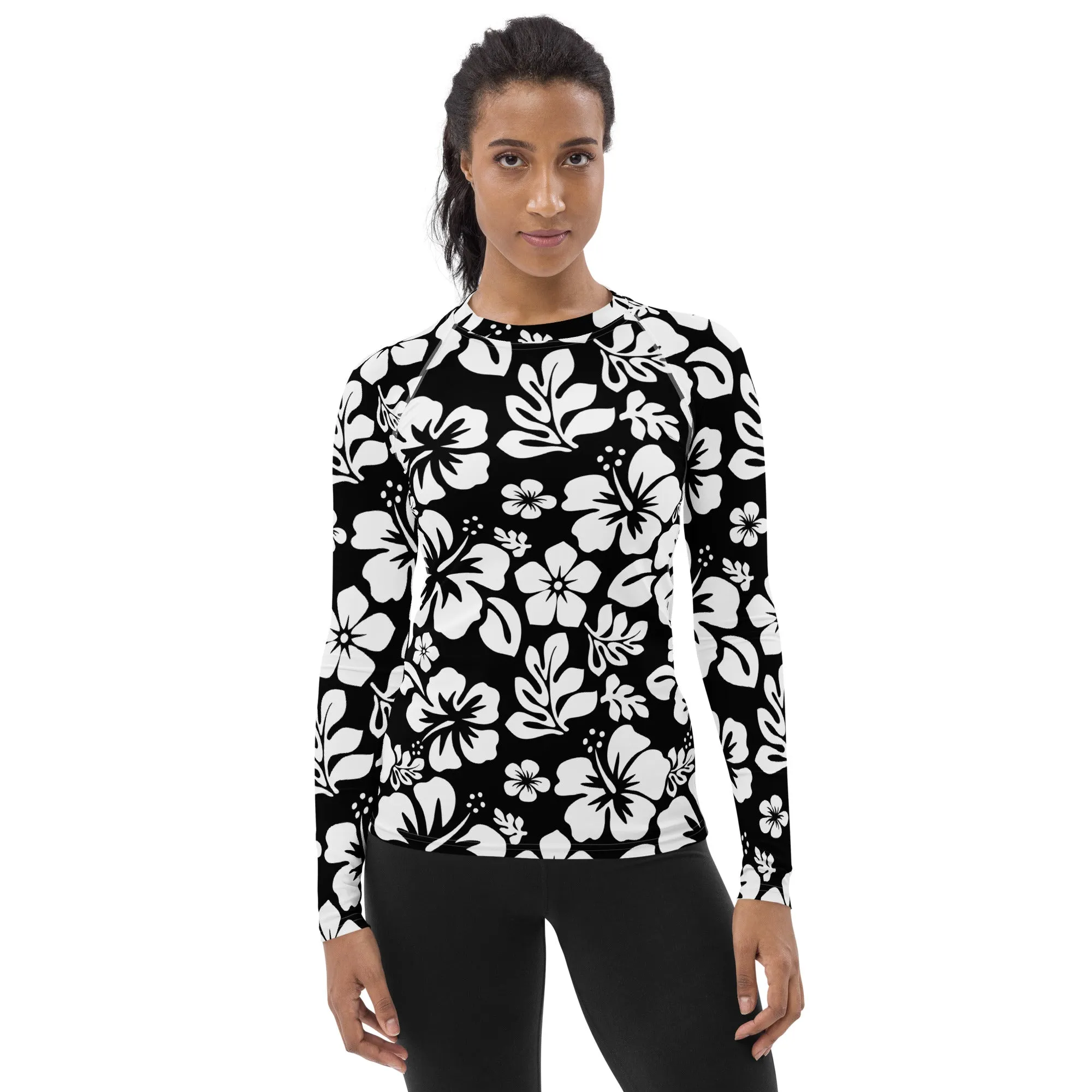 Black and White Hawaiian Flowers Women's Rash Guard