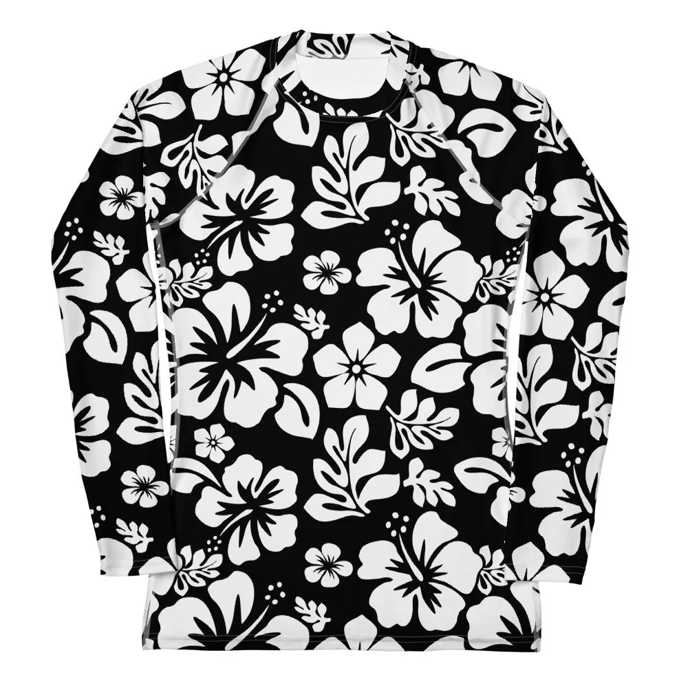 Black and White Hawaiian Flowers Women's Rash Guard