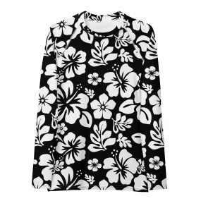 Black and White Hawaiian Flowers Women's Rash Guard