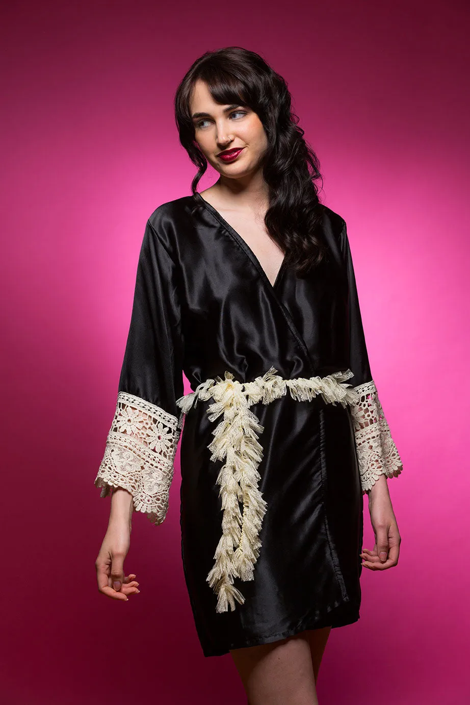 Black Satin Robe with Ivory Lace Accented Cuffs