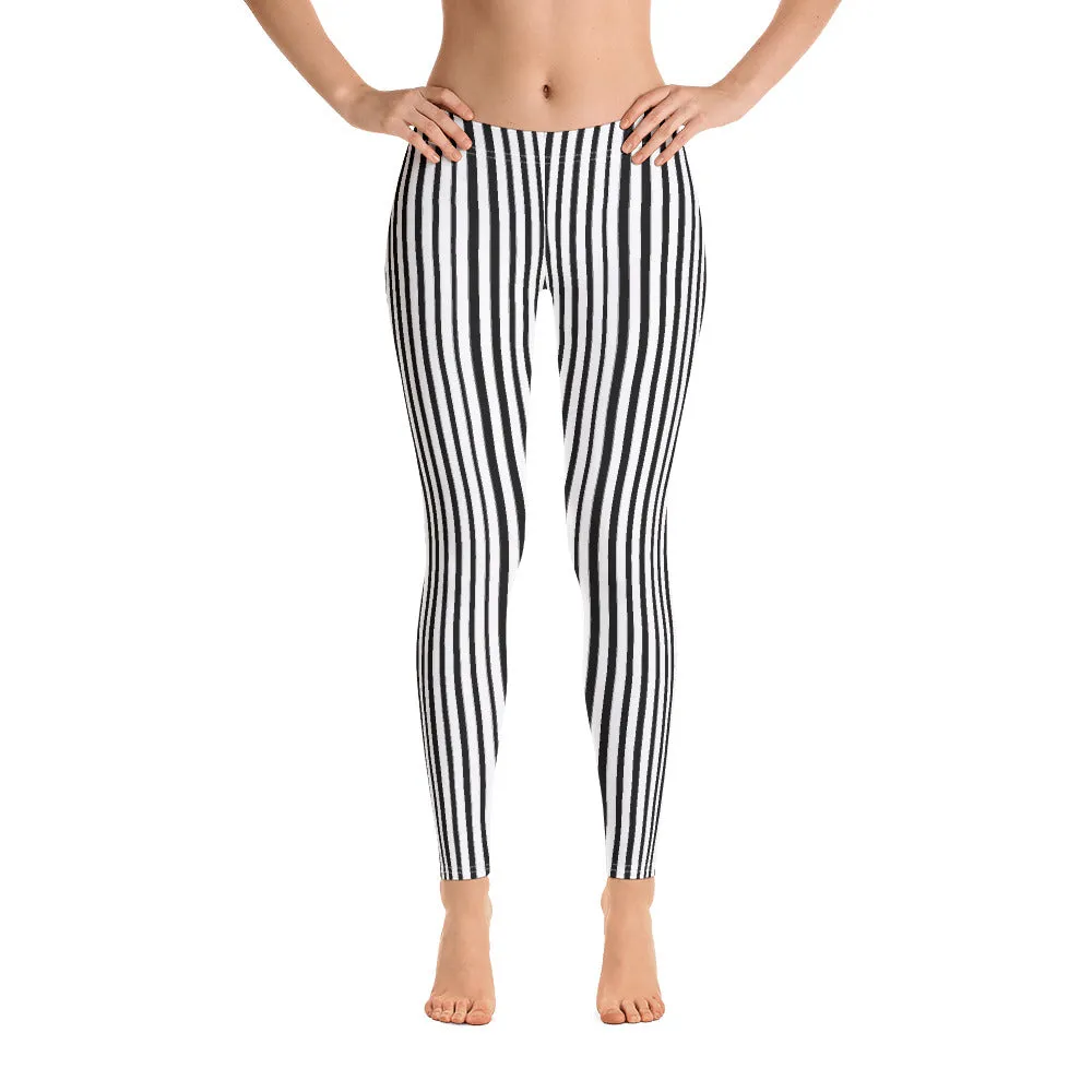 Black Striped Women's Leggings, Black White Vertical Stripe Print Women's Casual Tights