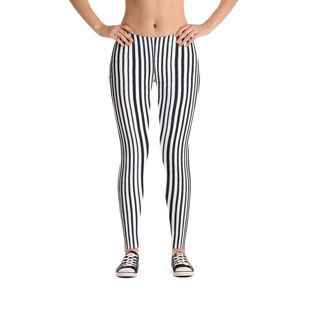 Black Striped Women's Leggings, Black White Vertical Stripe Print Women's Casual Tights