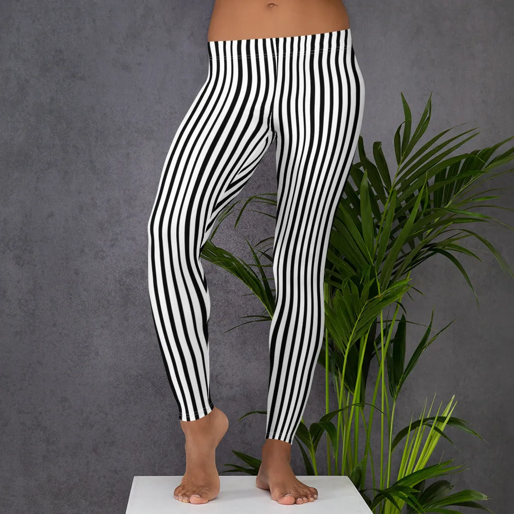 Black Striped Women's Leggings, Black White Vertical Stripe Print Women's Casual Tights