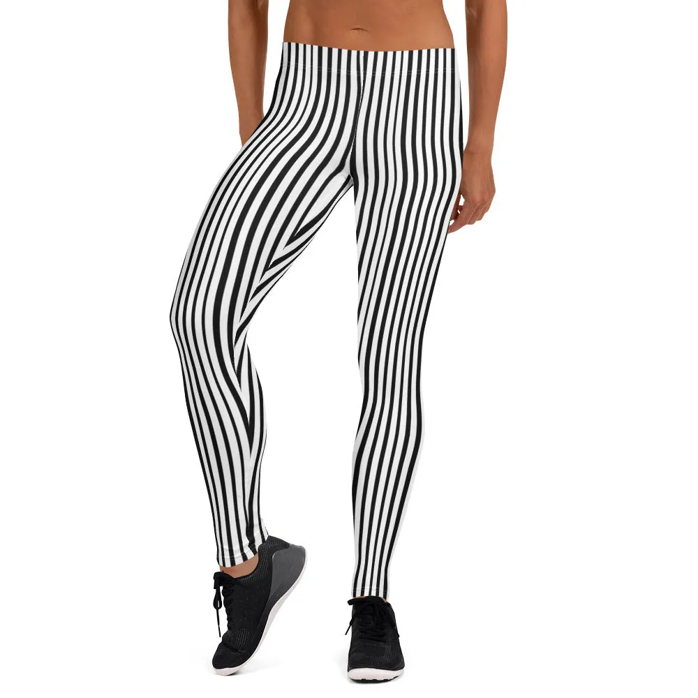 Black Striped Women's Leggings, Black White Vertical Stripe Print Women's Casual Tights