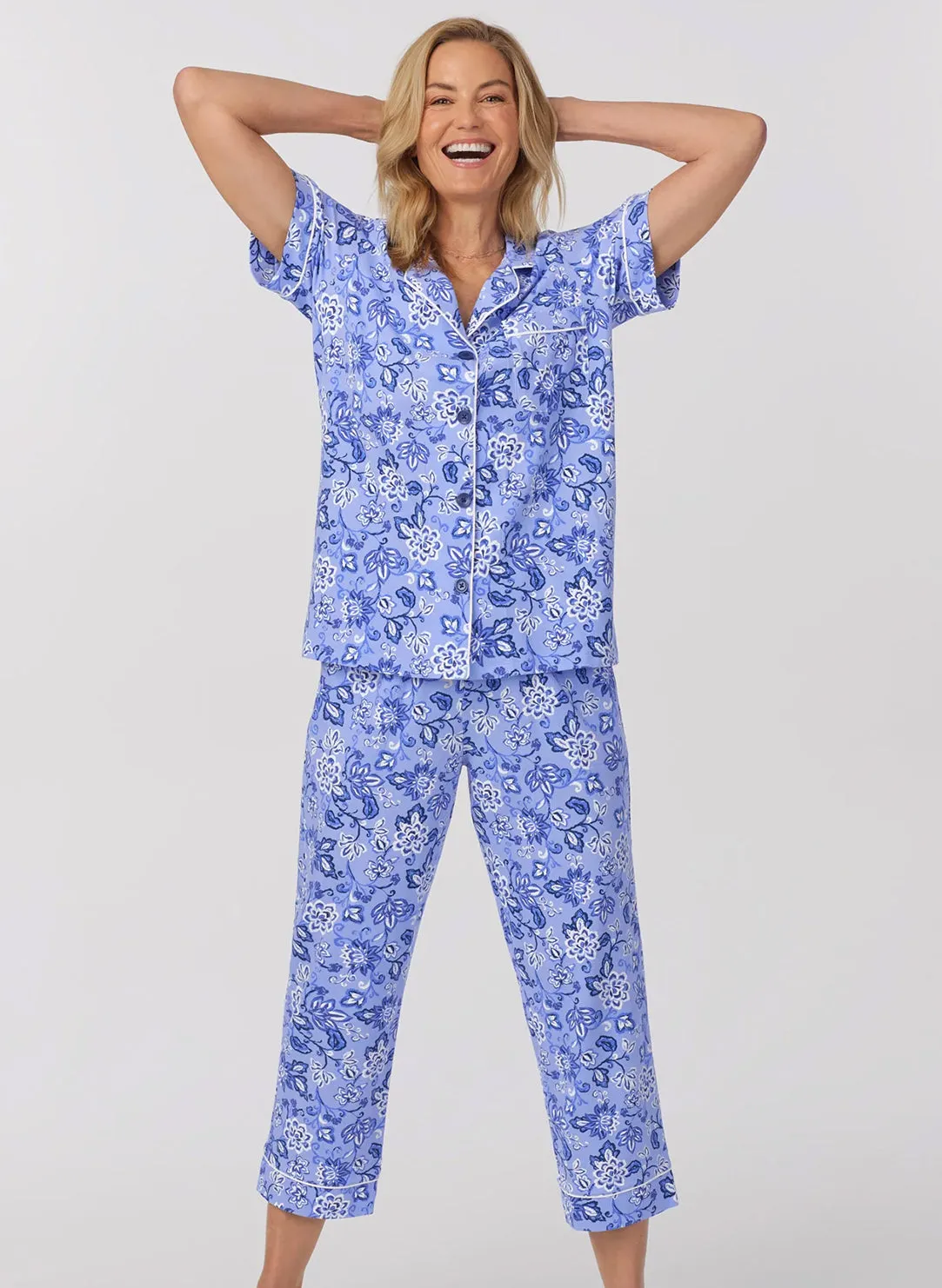 Blue Desert Flowers Blue Short Sleeve Cropped PJ Set