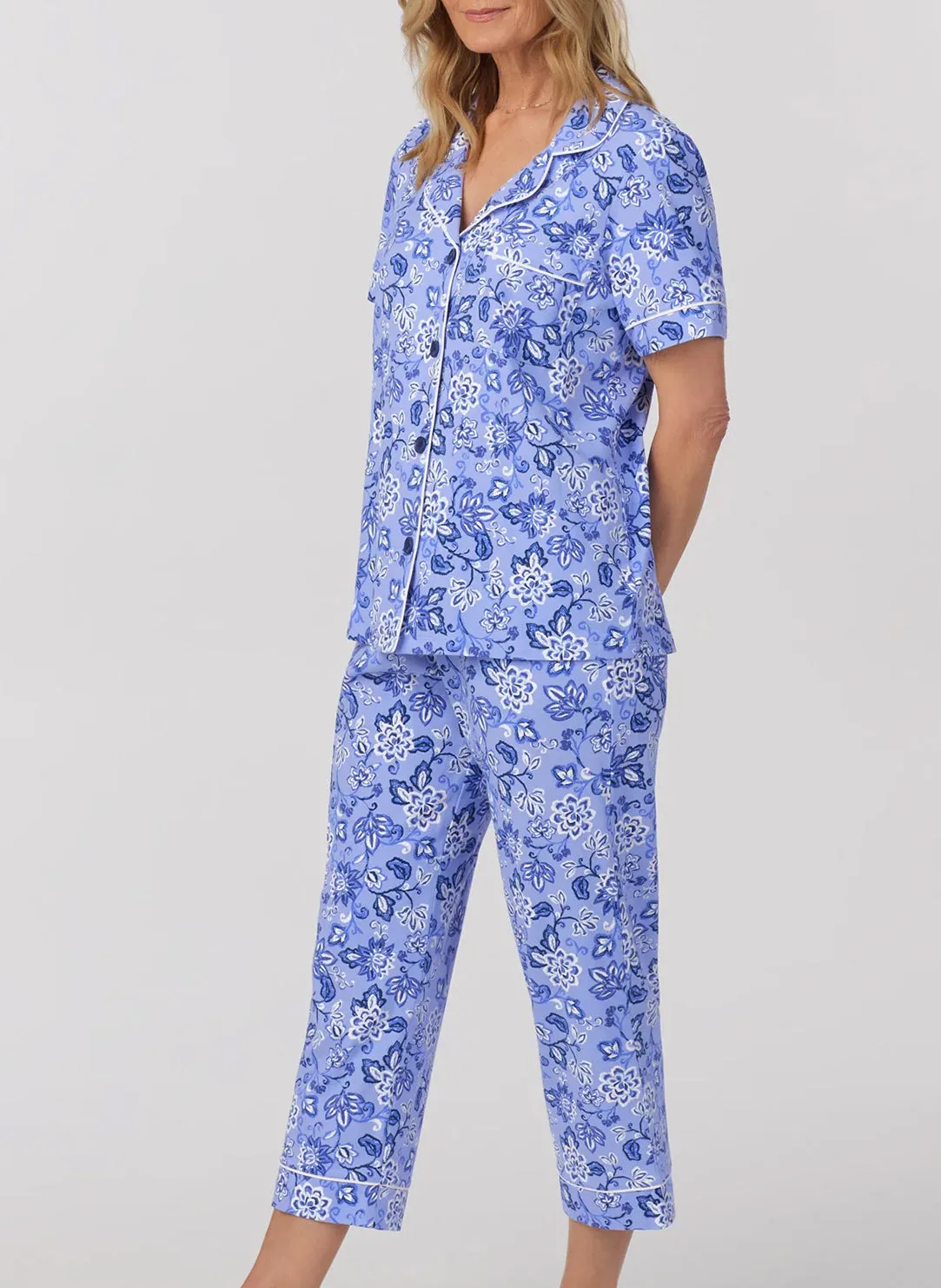 Blue Desert Flowers Blue Short Sleeve Cropped PJ Set