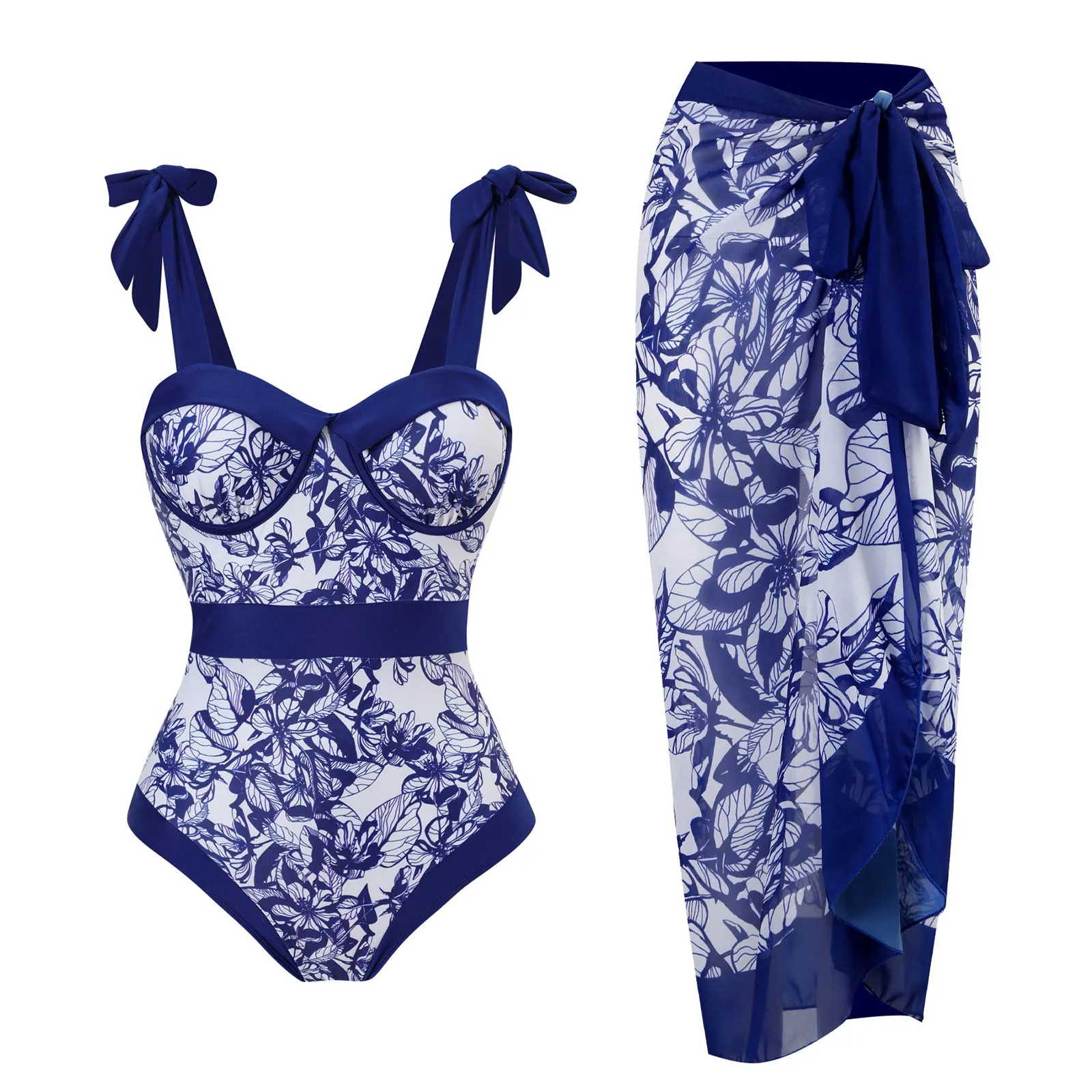 Blue One-Shoulder Ruffled Print Floral Swimsuit Set Cover Up Single Piece Micro Monokini Sexy Swimwear For Girls Summer Beach