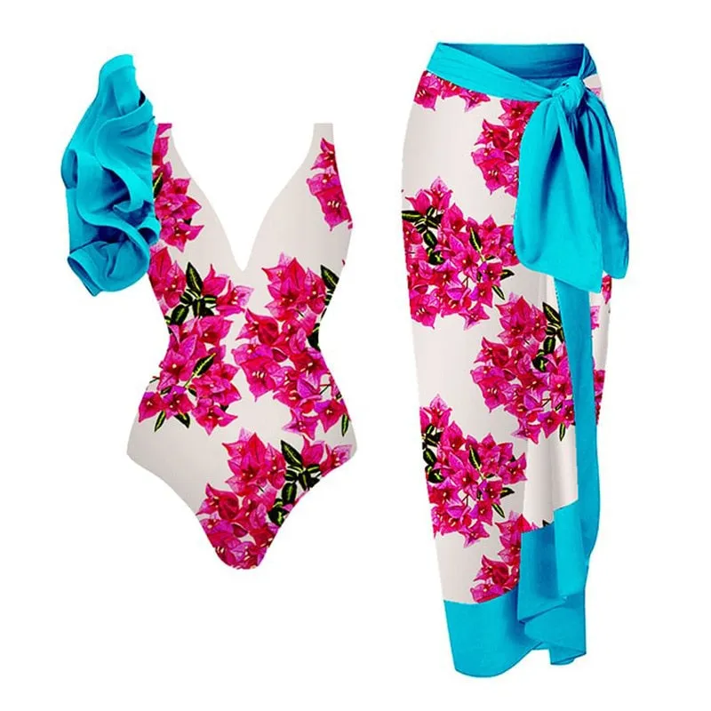 Blue One-Shoulder Ruffled Print Floral Swimsuit Set Cover Up Single Piece Micro Monokini Sexy Swimwear For Girls Summer Beach