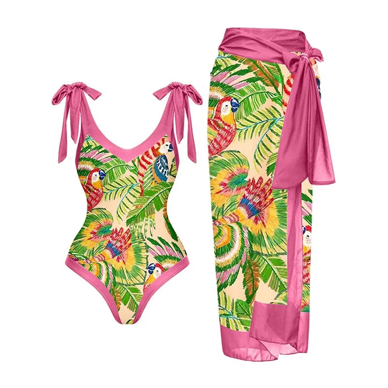 Blue One-Shoulder Ruffled Print Floral Swimsuit Set Cover Up Single Piece Micro Monokini Sexy Swimwear For Girls Summer Beach