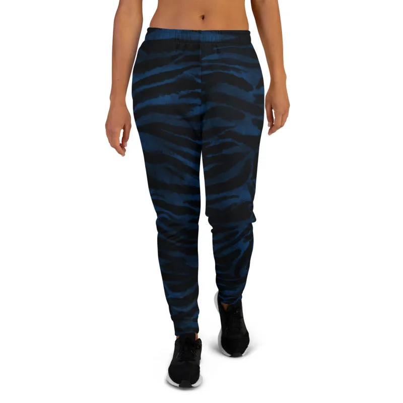 Blue Tiger Striped Women's Joggers, Animal Print Designer Sweatpants For Ladies-Made in EU