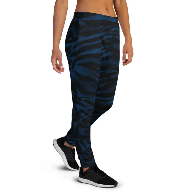 Blue Tiger Striped Women's Joggers, Animal Print Designer Sweatpants For Ladies-Made in EU