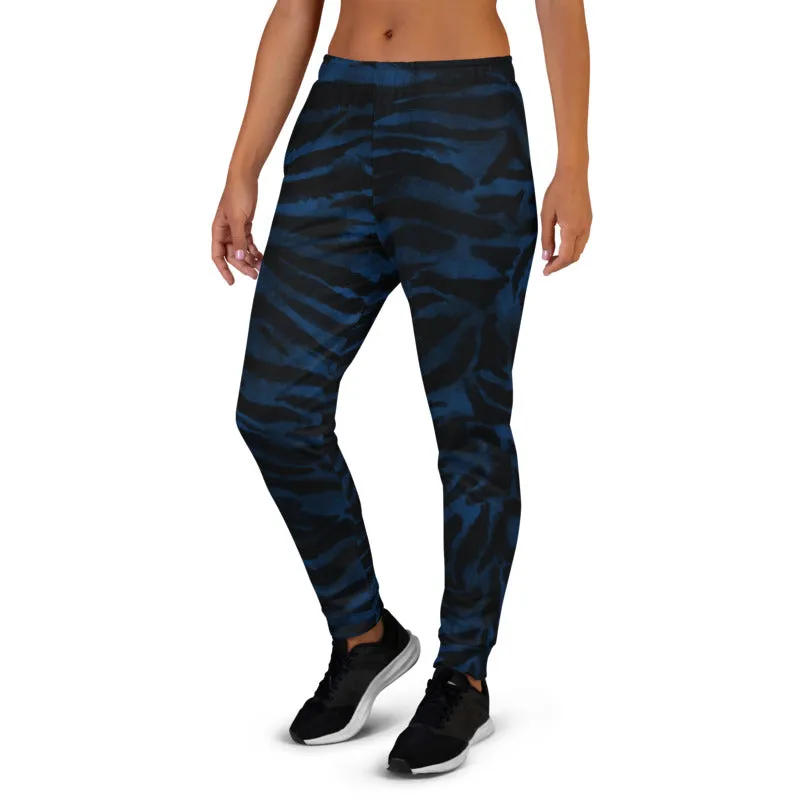 Blue Tiger Striped Women's Joggers, Animal Print Designer Sweatpants For Ladies-Made in EU