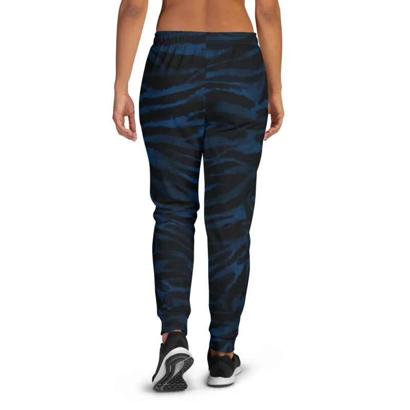 Blue Tiger Striped Women's Joggers, Animal Print Designer Sweatpants For Ladies-Made in EU