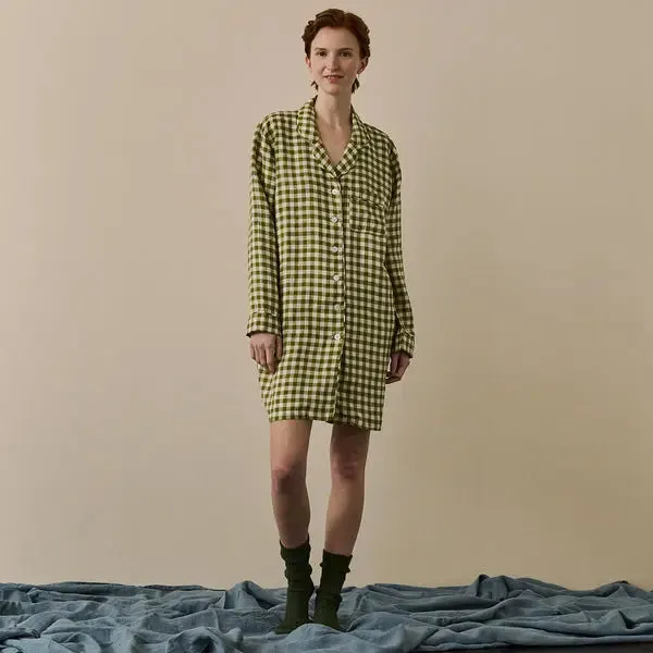 Botanical Green Gingham Linen Nightshirt