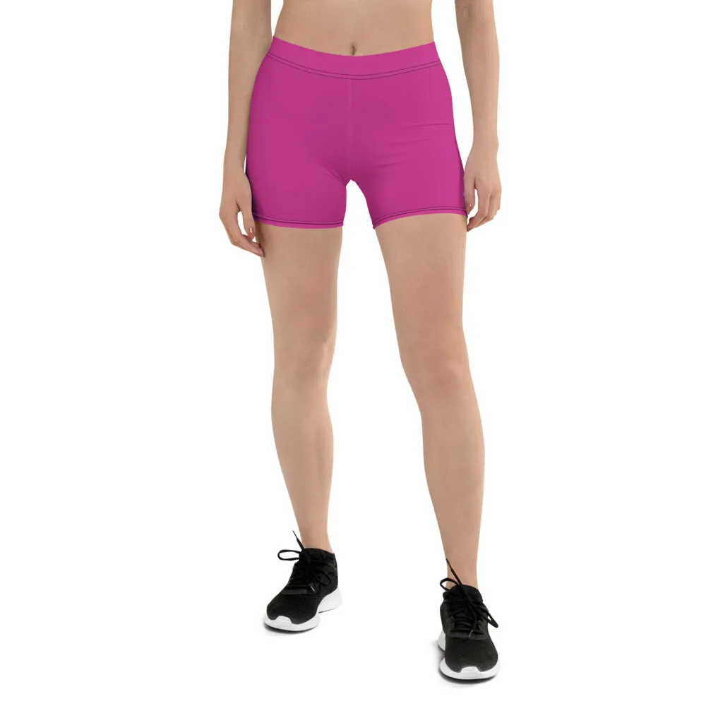 Bright Hot Pink Women's Shorts, Bright Fun Ladies' Best Pink Gym Tights-Made in USA/EU/MX