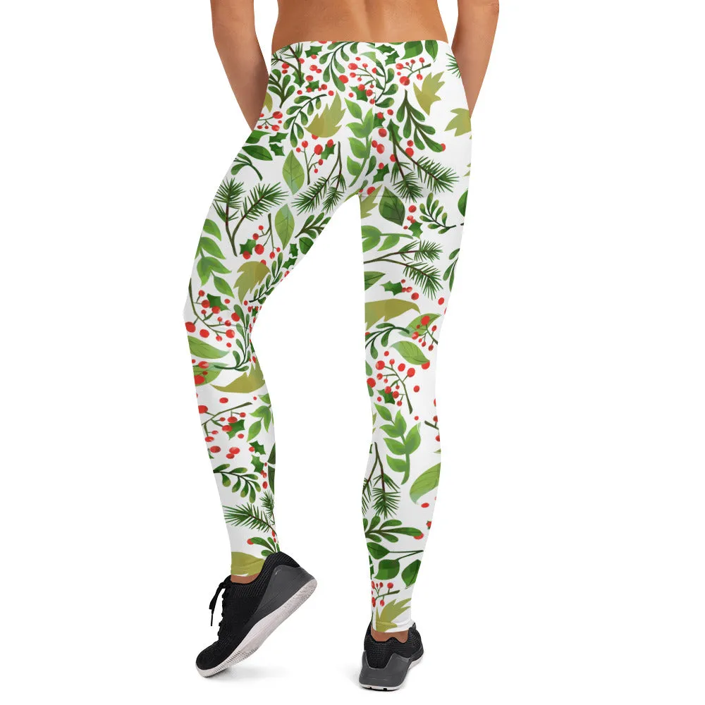 Christmas Flower Long Yoga Pants, Best Floral Print Green Red Women's Long Yoga Pants Leggings- Made in USA/EU