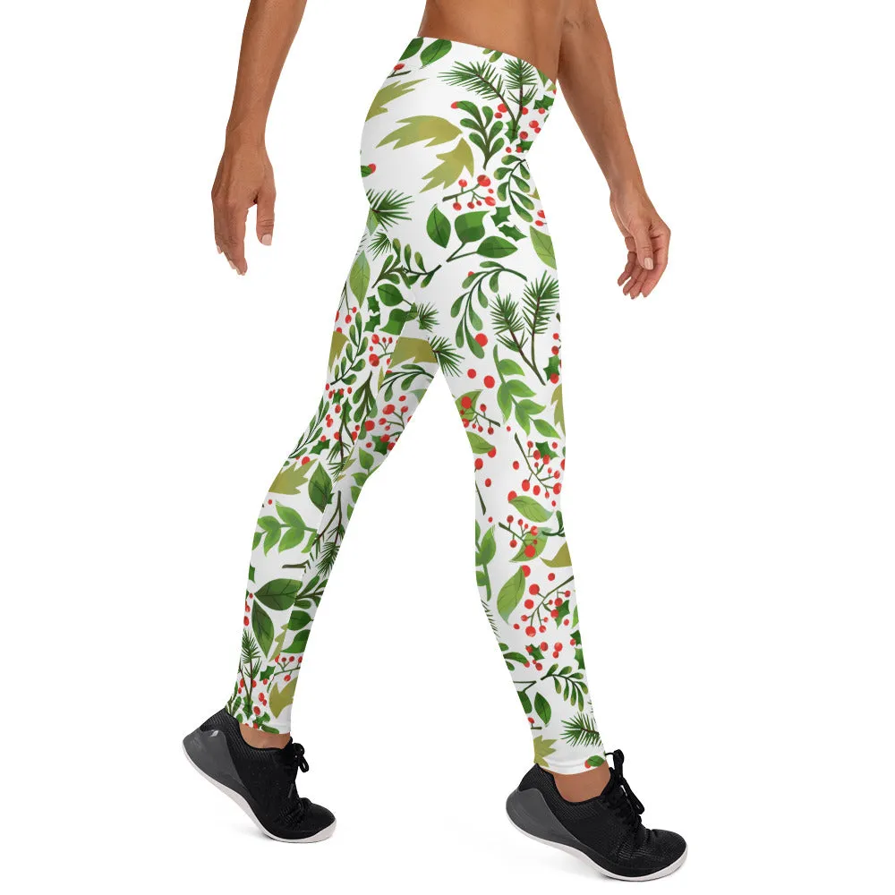 Christmas Flower Long Yoga Pants, Best Floral Print Green Red Women's Long Yoga Pants Leggings- Made in USA/EU