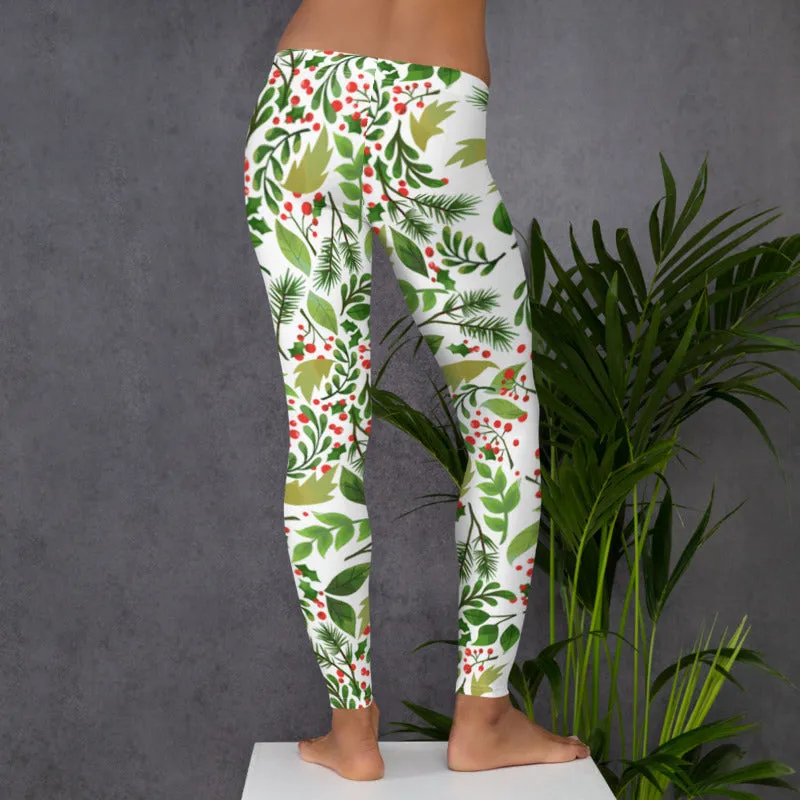 Christmas Flower Long Yoga Pants, Best Floral Print Green Red Women's Long Yoga Pants Leggings- Made in USA/EU