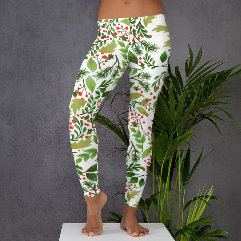 Christmas Flower Long Yoga Pants, Best Floral Print Green Red Women's Long Yoga Pants Leggings- Made in USA/EU