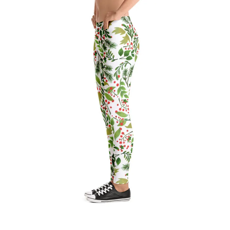 Christmas Flower Long Yoga Pants, Best Floral Print Green Red Women's Long Yoga Pants Leggings- Made in USA/EU