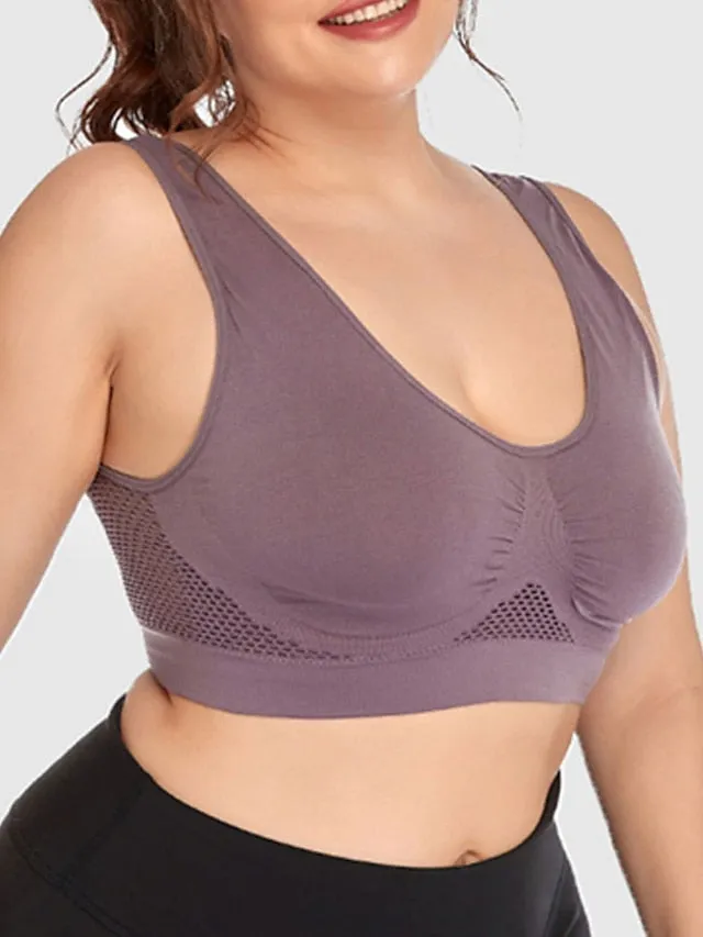 Curve Plus Size Backless Hole Solid Color Casual U Neck Fall Winter Wireless Bras Full Coverage Bra Light Purple Watermelon Red Bean Paste Purple Big Size L XL 2XL 3XL 4XL