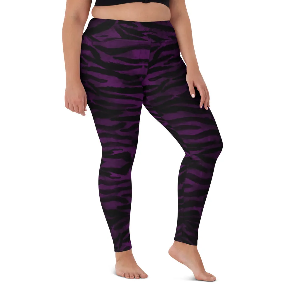 Dark Purple Tiger Tights, Purple Tiger Striped Women's Long Yoga Leggings-Made in USA/EU/MX