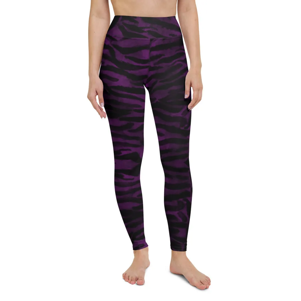 Dark Purple Tiger Tights, Purple Tiger Striped Women's Long Yoga Leggings-Made in USA/EU/MX