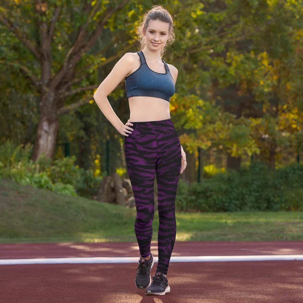 Dark Purple Tiger Tights, Purple Tiger Striped Women's Long Yoga Leggings-Made in USA/EU/MX