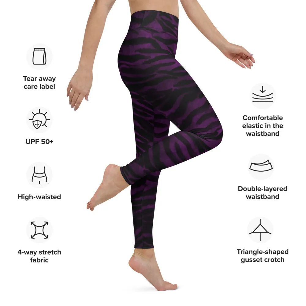 Dark Purple Tiger Tights, Purple Tiger Striped Women's Long Yoga Leggings-Made in USA/EU/MX