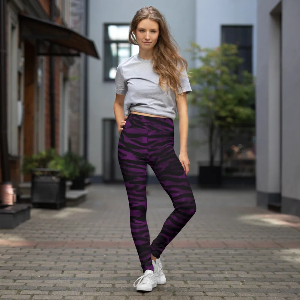 Dark Purple Tiger Tights, Purple Tiger Striped Women's Long Yoga Leggings-Made in USA/EU/MX