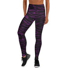 Dark Purple Tiger Tights, Purple Tiger Striped Women's Long Yoga Leggings-Made in USA/EU/MX