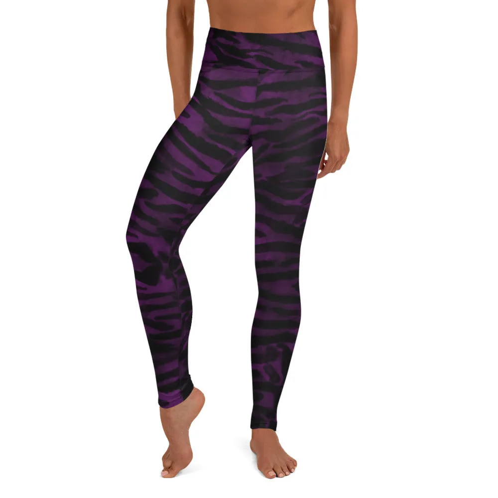 Dark Purple Tiger Tights, Purple Tiger Striped Women's Long Yoga Leggings-Made in USA/EU/MX