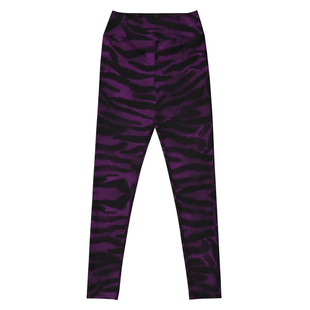 Dark Purple Tiger Tights, Purple Tiger Striped Women's Long Yoga Leggings-Made in USA/EU/MX