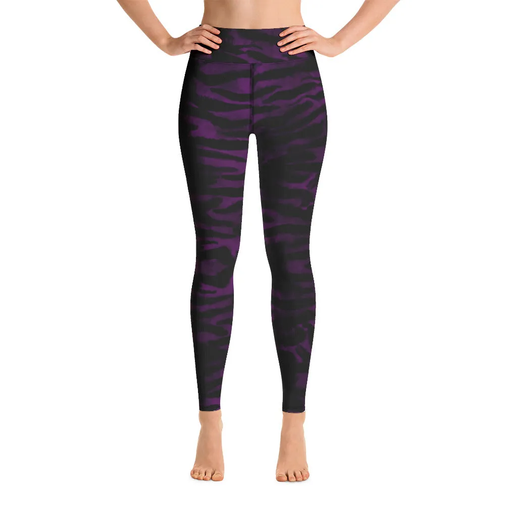 Dark Purple Tiger Tights, Purple Tiger Striped Women's Long Yoga Leggings-Made in USA/EU/MX